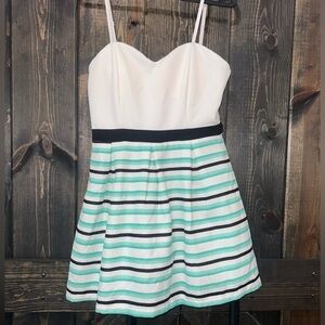 NWT Boutique Mini Dress M Sweetheart Spaghetti Strap Cocktail Stripes White Teal